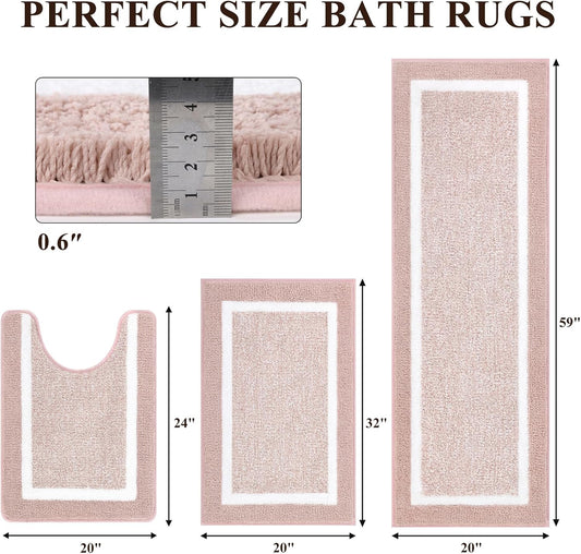 Pauwer 3-Piece Bathroom Shower Rug Set with U-Shaped Contour Toilet Mat, Absorbent Microfiber Plush Bath Mats, Non-Slip, Machine Washable Shaggy Bathroom Floor Mats, Dusty Pink