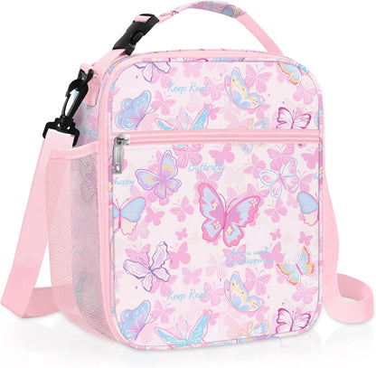 Clastyle Pink Insulated Kids Lunch Bag Large Thermal Cooler Bag for Girl Picnic School Lunch Box Tote,Colorful Butterfly