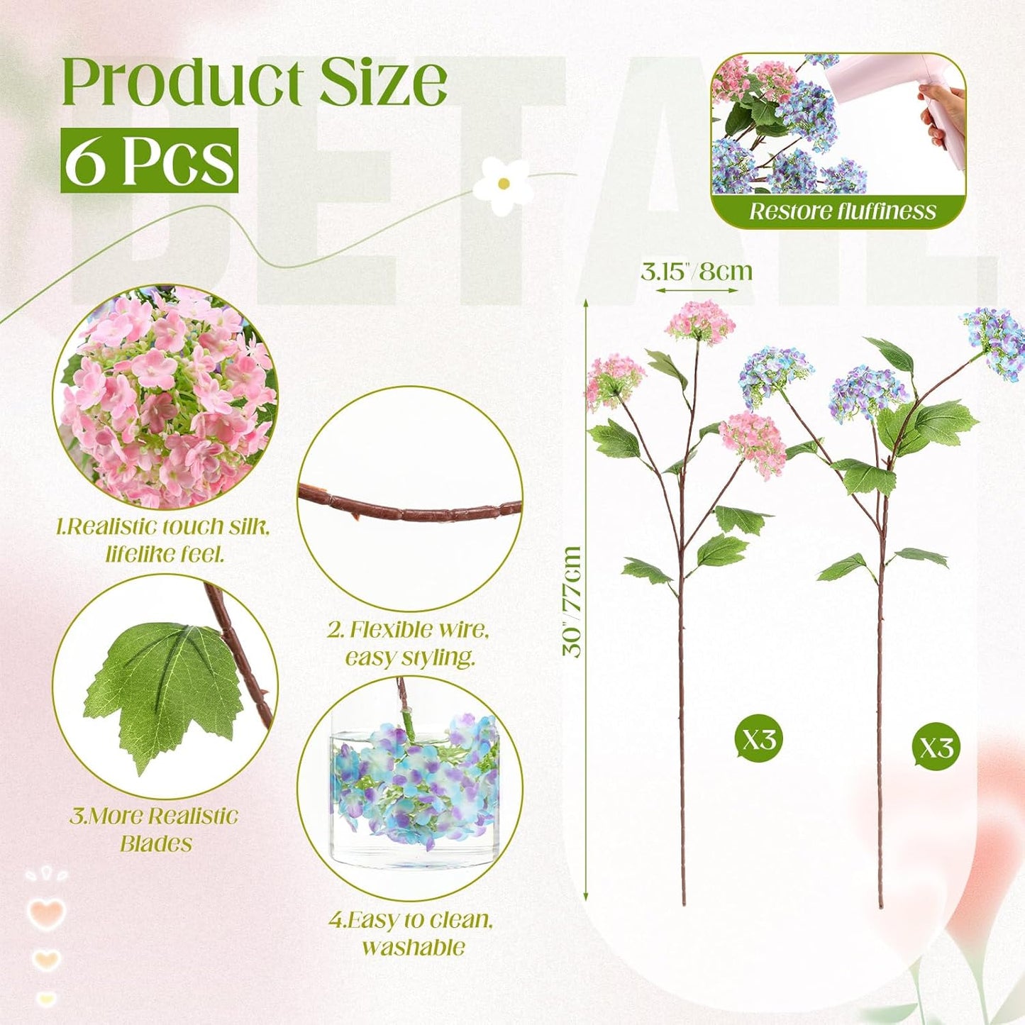 Riceshoot 6 Pcs Hydrangea Artificial Flowers, 30Inch Faux Silk Hydrangea with 18 Real to Touch Blooms Fake Flower Snowball Viburnum for Home Wedding Table Centerpieces Kitchen(Pink, Blue)