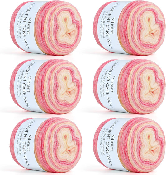 Aeelike Gradient Yarn, 6 Skeins Ombré Fairyland Yarn for Crocheting 100g (3.52 oz) 245m (267 Yards) # 3 Light Weight, Vibrant Cake Yarns for Making Colorful Blanket Scarves Hat, Pink Yellow Gradient