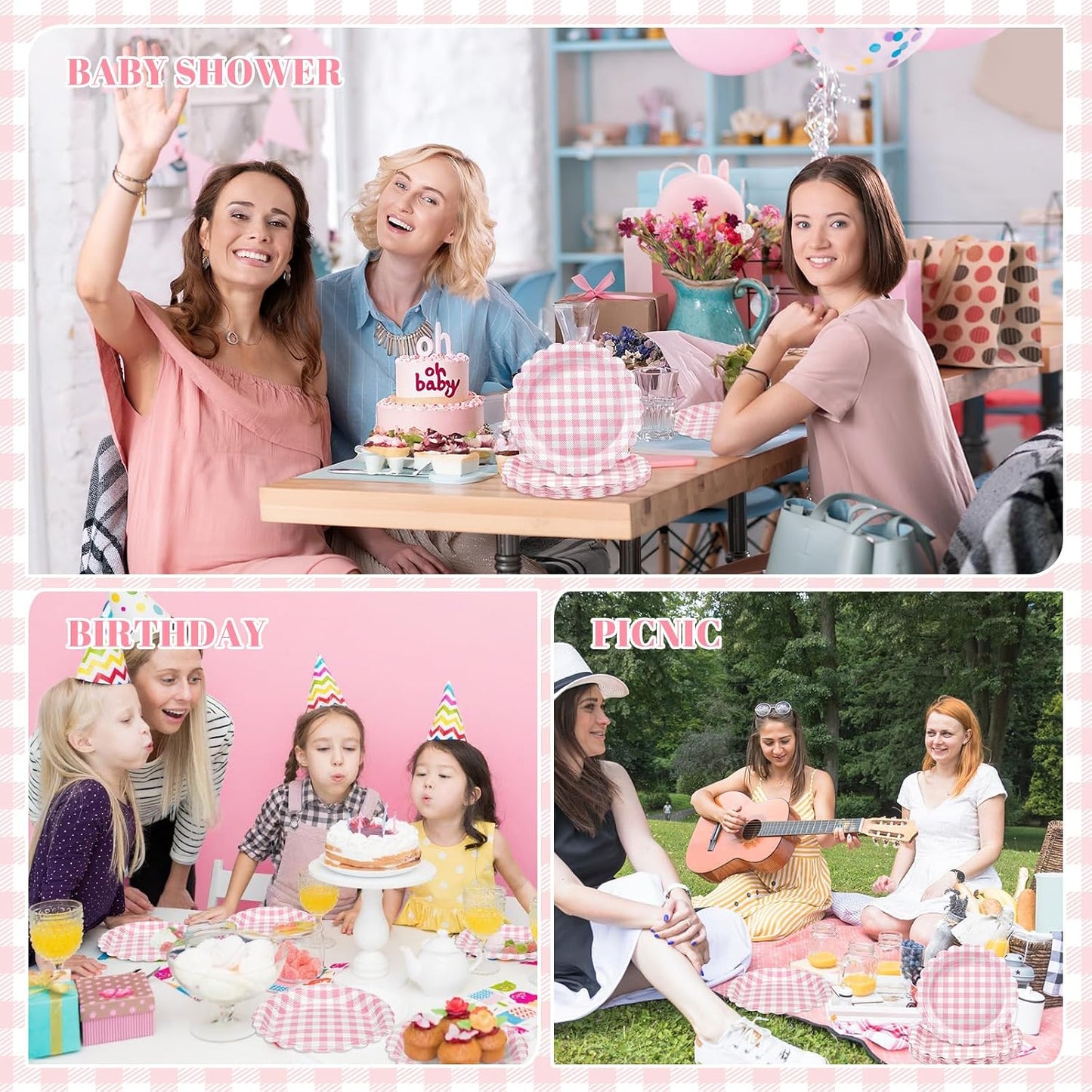 NatNarr 60Pcs Pink Gingham Placemats and 30Pcs Pink Gingham Plates