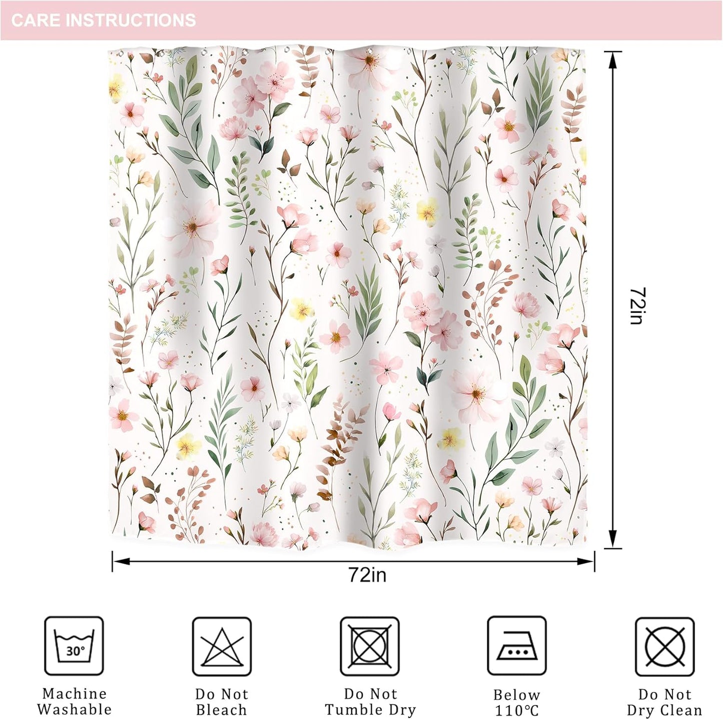 Riyidecor Pink Floral Flower Shower Curtain for Bathroom Decor 72Wx72H Light Pink Green Farmhouse Leaves Plants Botanical Boho Countryside Art Printed Fabric Polyester Waterproof 12 Pack Plastic Hooks