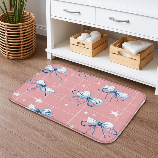 Peach Bow Quick Dry Bath Mat, Cute Star Pattern Absorbent Non Slip Shower Mat, Modern Memory Foam Washable Bath Rugs for Bathroom Toilet Restroom Decorative 16x24 Inch
