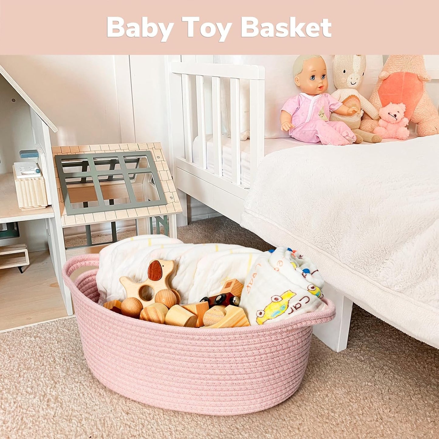 Goodpick Small Woven Basket for Gifting, Small Storage bins for Toys, Baby Gift Baskets for Nursery, Pink Rope Basket for Gifts, Decorative Baskets with Handles, 12" x 8" x 5"