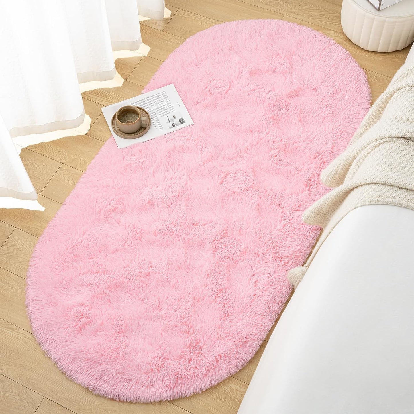 Goideal Fluffy Bedroom Rug, Small Oval Area Rugs, Pink Shag Bedside Carpet for Kids Room Nursery Dorm Cute Fuzzy Indoor Decor for Boy and Girl, 2.6 x 5.3 Feet