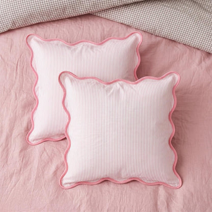 HunnmingRe 2 Pcs Scalloped Edge Striped Pillowcases Stripe Throw Pillow Cover Only Wear Resistant Pillow Shams for Couch Bed Sofa Bedroom Living Room Outdoor Party(Pink,18'' X 18'')