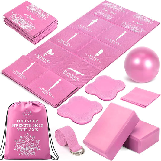 Foldable Yoga Mat and Blocks Set for Women with 2 Pack Yoga Blocks and Strap,Thin Non Slip Pilates Mat with Bag, Home Workout Equipment Essentials Starter Kit for Beginners Full Body Toning