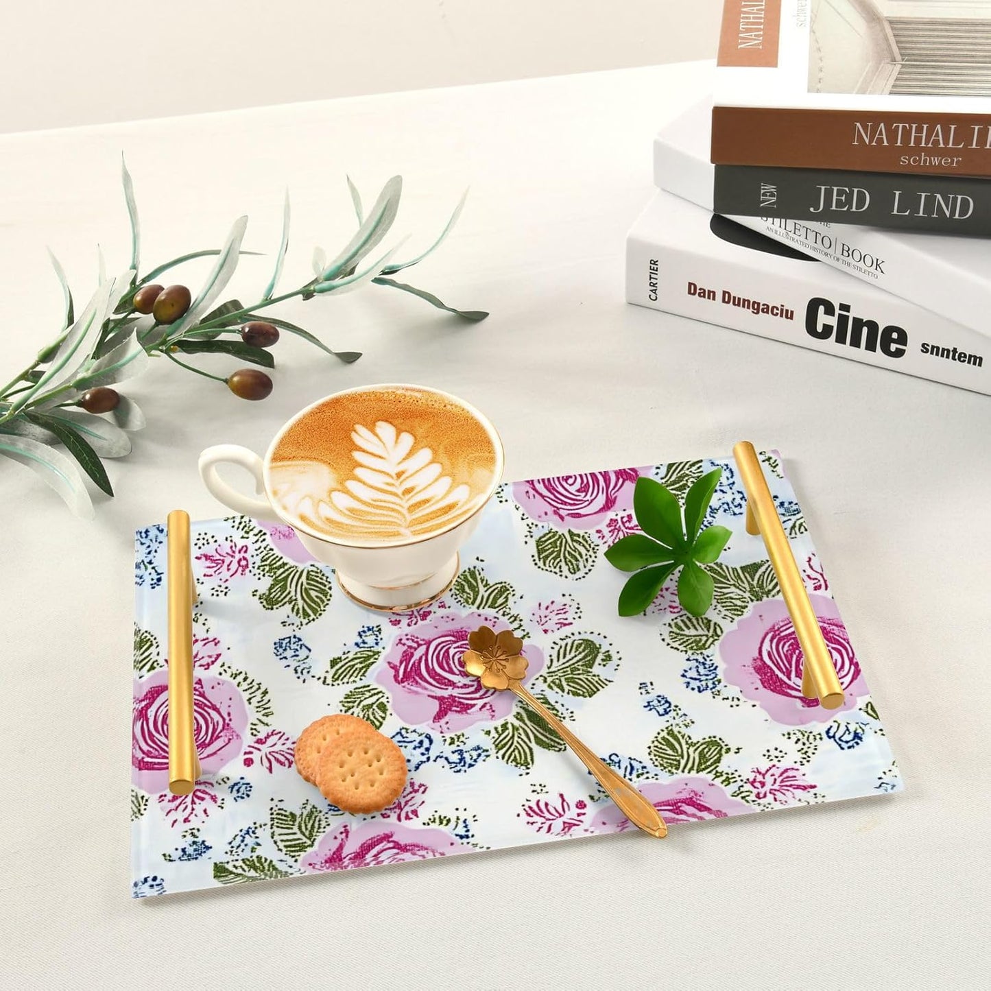Retro Ancient Roses Peach Decorative Breakfast Tray with Handles Rectangular Serving Tray for Jewelry Perfume for Food Service bandejas decorativas para el Cafe