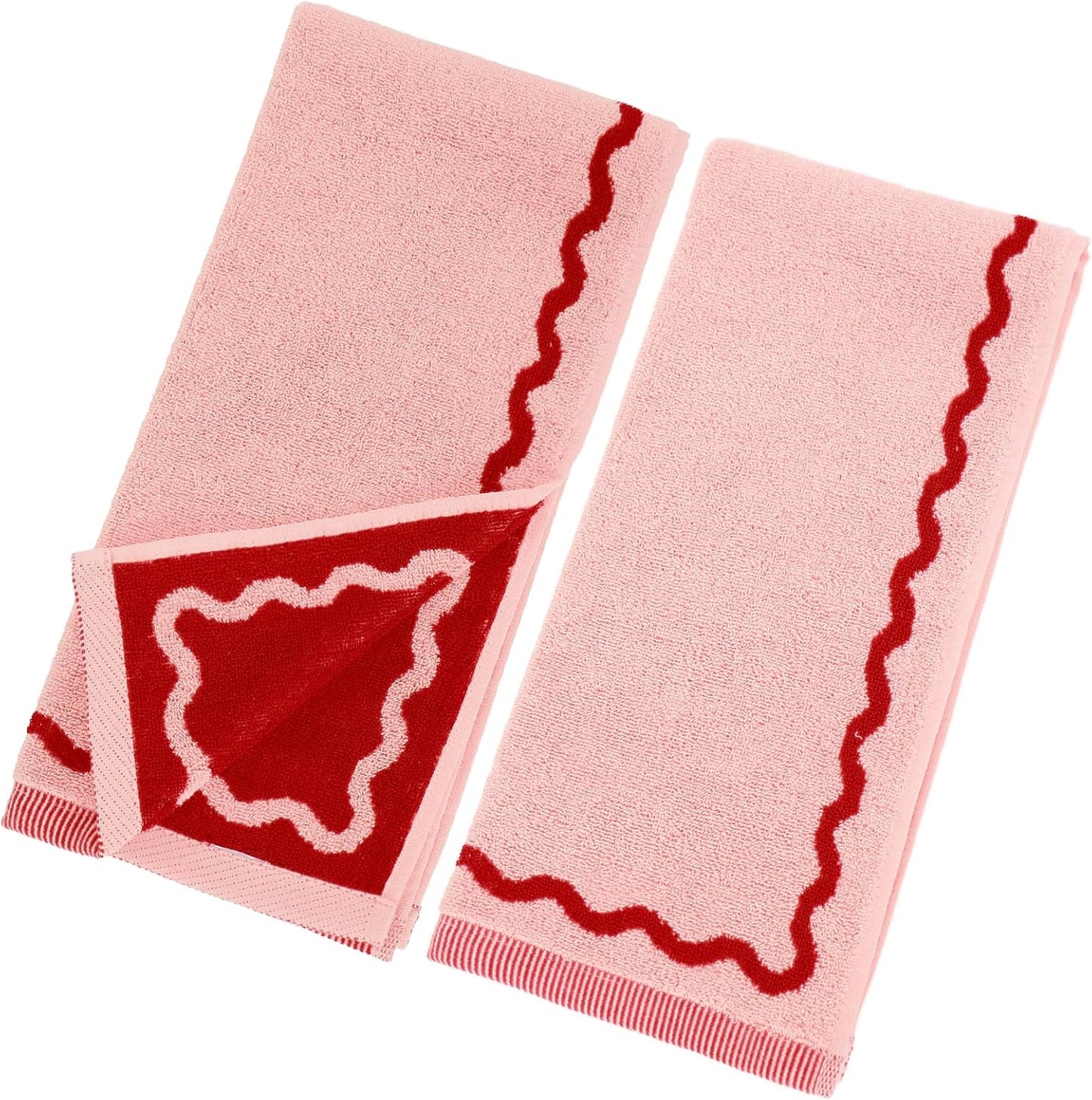 Whaline Pink Red Scalloped Hand Towels Decorative Towel 2 Pack Print Cotton Bathroom Towel for Kitchen Drying Cleaning, 29.5 x 13.7 Inch