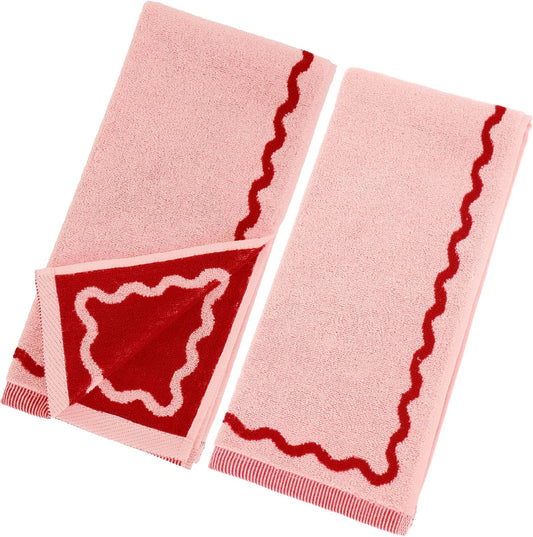 Whaline Pink Red Scalloped Hand Towels Decorative Towel 2 Pack Print Cotton Bathroom Towel for Kitchen Drying Cleaning, 29.5 x 13.7 Inch