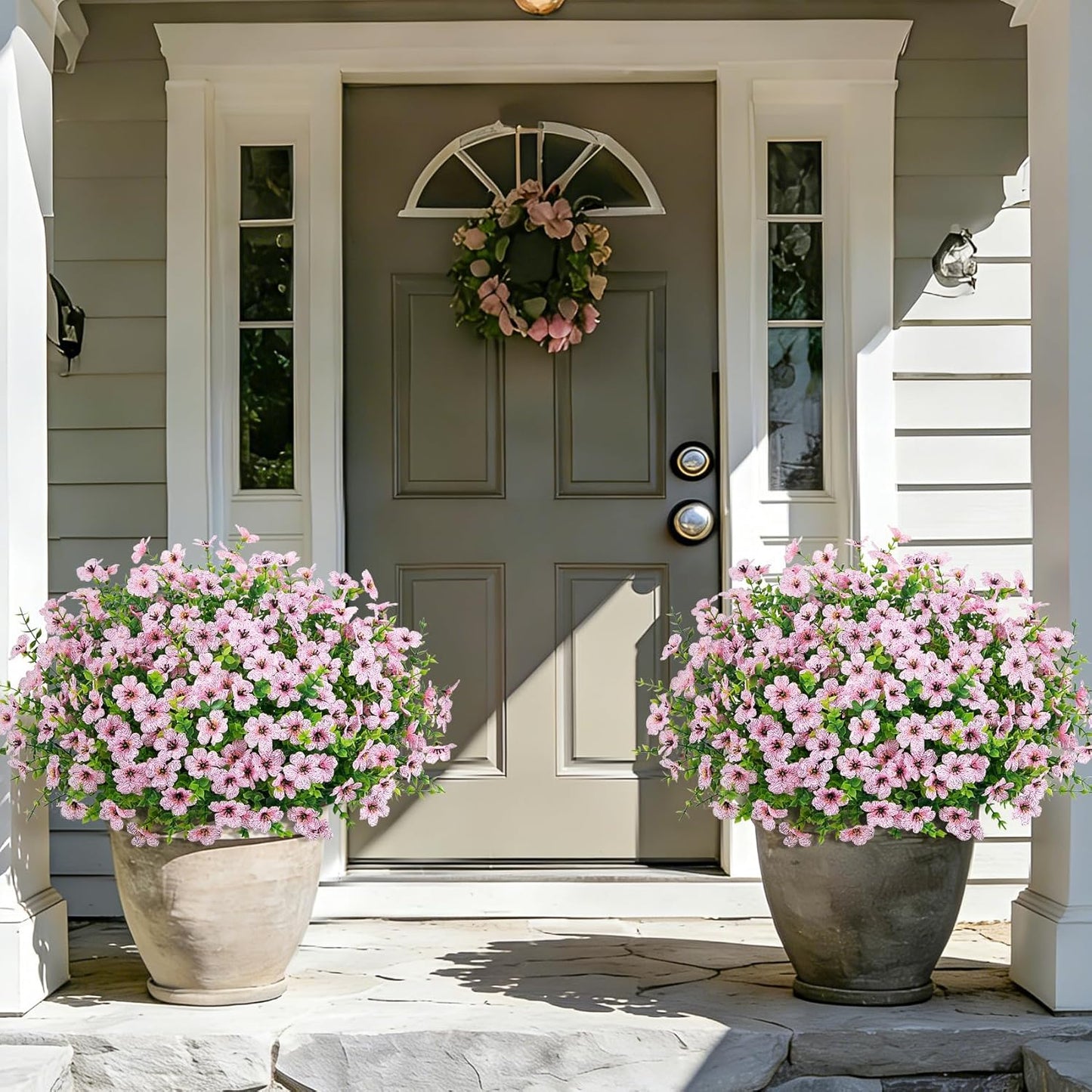 Roberly Artificial Flowers for Outdoors, UV Resistant Silk Faux Flowers Daisy with Eucalyptus Greenery Stems Fake Plastic Plants for Spring Summer Patio Garden Home Decor, 18 Bundles, Pink