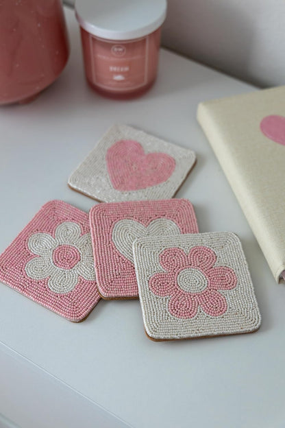 Handmade Beaded Coasters Set of 4, Handmade Boho Coasters for Drinks, Coffee Table Coasters, Cup & Drink Coasters, Pink Coaster Set, Pink Decor for Table, Gift for Her, Housewarming Gift Idea