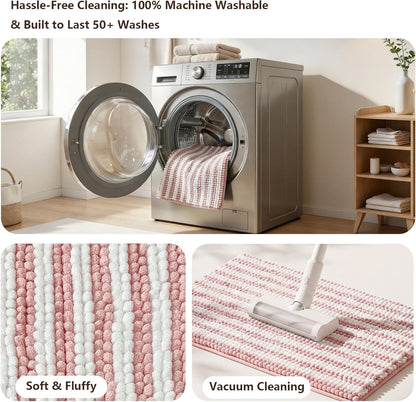 Chenille Bathroom Rug Non Slip Washable, Absorbent Bath Mat with Quick Dry Surface and Durable Hot Melt Adhesive Backing for Floor, Tub, Shower, Sink, Small (16" x 24"), Pink and White Pinstripe