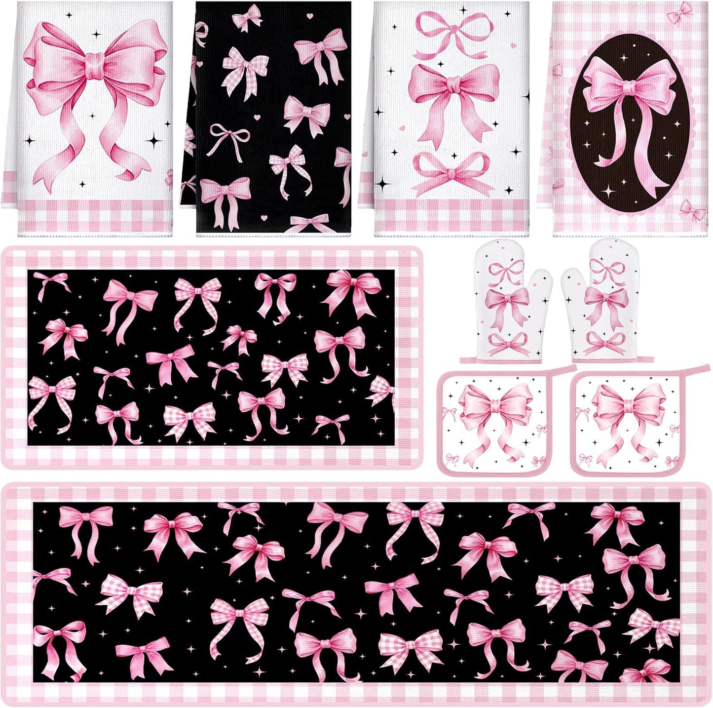Fourluoo 10 Pcs Pink Bow Kitchen Decor Sets 4 Pink Plaid Kitchen Dish Towels 2 Pot Holders 2 Oven Mitts Glove 2 Cute Non Slip Rugs and Mats for Floor Home Decorations Accessories Mom Gifts