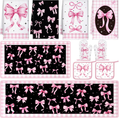 Fourluoo 10 Pcs Pink Bow Kitchen Decor Sets 4 Pink Plaid Kitchen Dish Towels 2 Pot Holders 2 Oven Mitts Glove 2 Cute Non Slip Rugs and Mats for Floor Home Decorations Accessories Mom Gifts