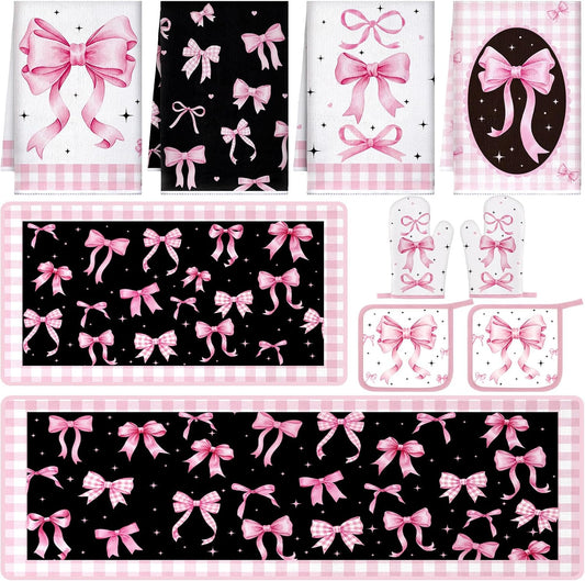 Fourluoo 10 Pcs Pink Bow Kitchen Decor Sets 4 Pink Plaid Kitchen Dish Towels 2 Pot Holders 2 Oven Mitts Glove 2 Cute Non Slip Rugs and Mats for Floor Home Decorations Accessories Mom Gifts