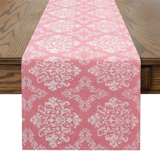 Feelyou Vintage Damask Table Runner,13 x 72 Inch Pink Bohemia Boho Floral Dresser Scarfs European Pattern Baroque Style Dresser Runners Table Decor for Home Party
