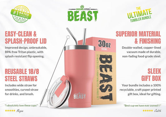 Beast 30 oz Tumbler Stainless Steel Vacuum Insulated Coffee Ice Cup Double Wall Travel Flask (Blossom Pink)