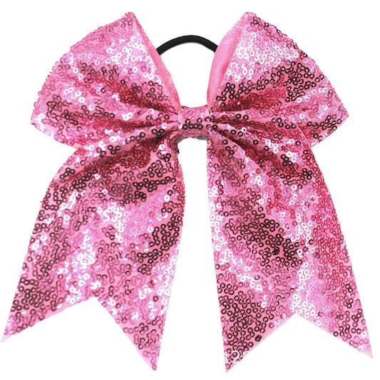 6.5 Inches Sequins Hair Bows Elastic Hair Tie Ribbon Large Cheer Bow Ponytail Holder Hair Band for Women Girls Kids Teens (Pink)