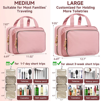 Travel Toiletry Bag for Women – Waterproof Hanging Organizer with Multiple Compartments, Fits Full-Size Toiletries and Makeup Accessories, Compact & Portable, Travel Essentials (Medium, Pink)