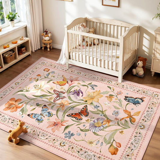4x6 Pink Area Rug for Nursery Girl, Floral Washable Soft Low Pile Non Slip Rugs Vintage Stain Resistant Carpet Rug for Bedroom Playroom Living Room Dining Room