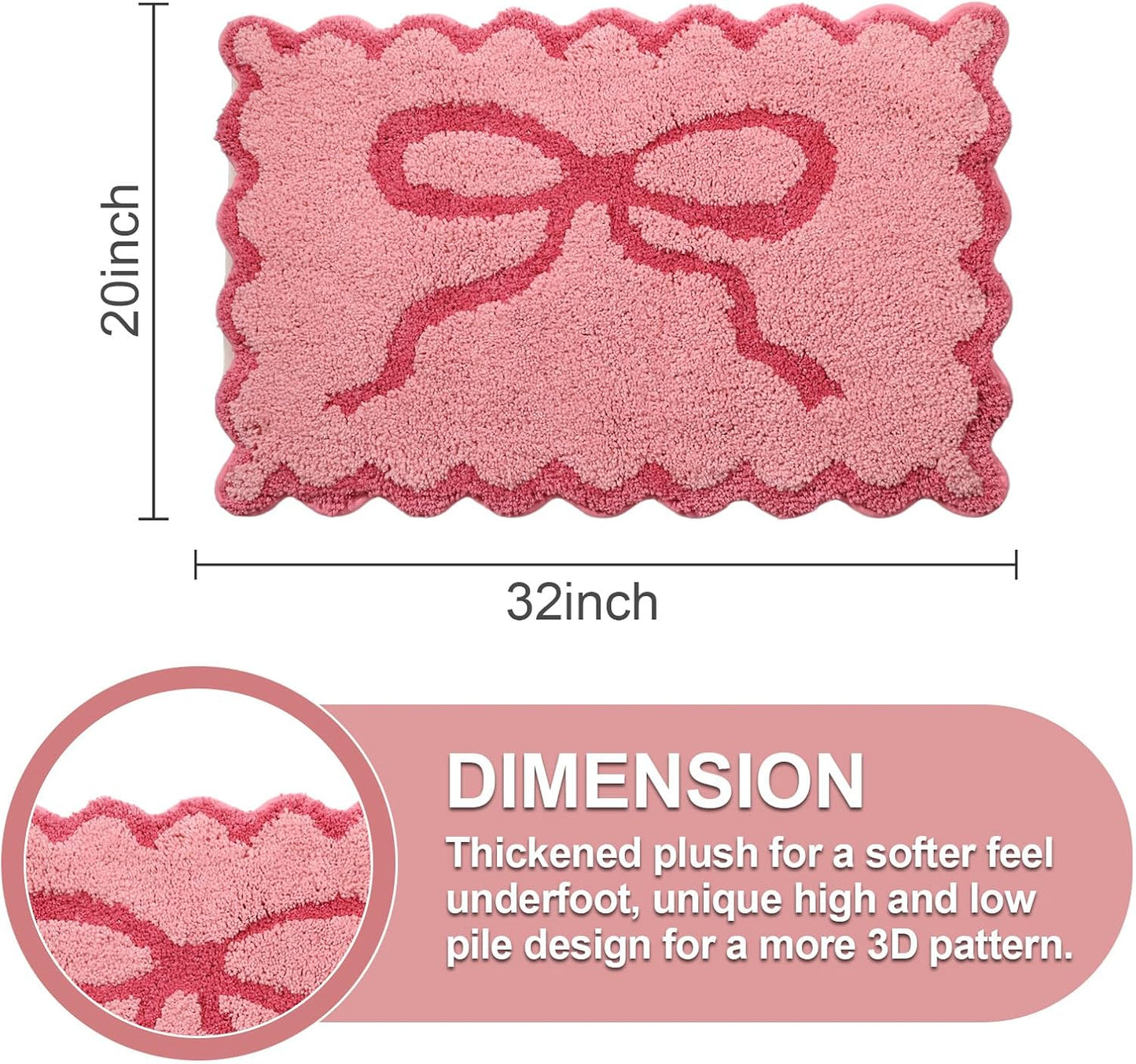 ORTIGIA Cute Pink Bow Scalloped Bath Mat, Fun Plush Microfiber Scallop Bathroom Rugs Non Slip Washable Quick Dry Absorbent, Bath Rug Carpet for Shower Stall Vanities Kitchen Floor Entrance, 20x32
