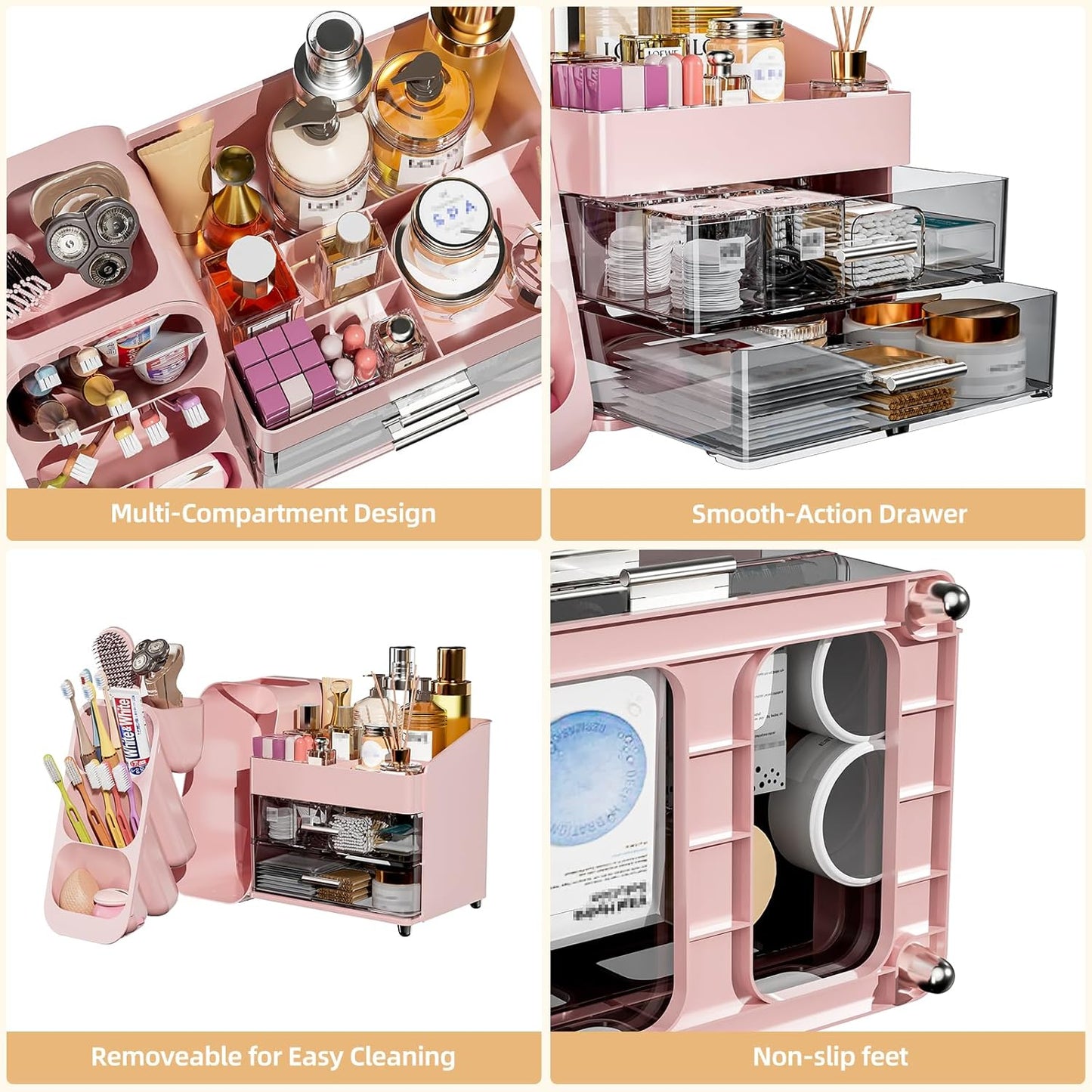 Makeup Organizer with Drawers for Vanity Bathroom Counter Organizers and Storage, Large Skincare Organizer with Brush Toothbrush Holder for Perfume, Nail Polish, Dresser, Office Supplies, Pink