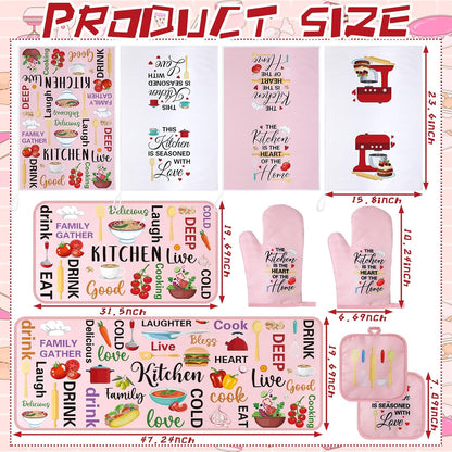 Fourluoo 10 Pcs Cuisine Pink Kitchen Decor and Accessories Set Pink Kitchen Towels Rugs Pot Holders Oven Mitts for Chef Cooking Baking Mom Housewarming Gifts