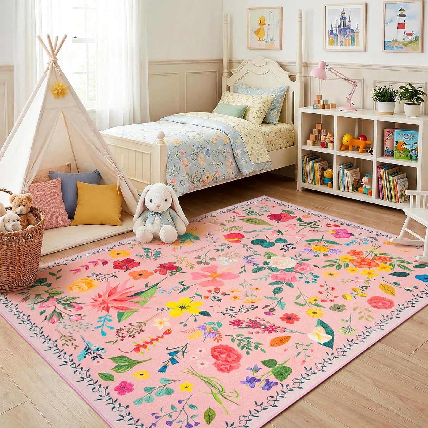 Area Rug for Living Room, 4x6Ft Washable Rug, Floral Low Pile Non-Slip Carpet for Bedroom Office Playroom Entryway Kitchen Dining Room, Pink