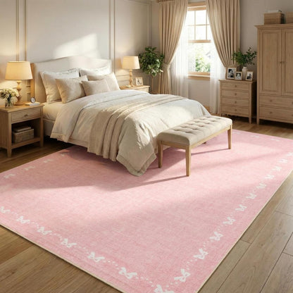 Garvee Bow Washable 8x10 Area Rugs for Living Room Non Slip Soft Pink Rugs for Grils Bedroom Low Pile Foldable Large Area Rug Stain Resistant Carpet for Nursery Dining Room Playroom, Pink