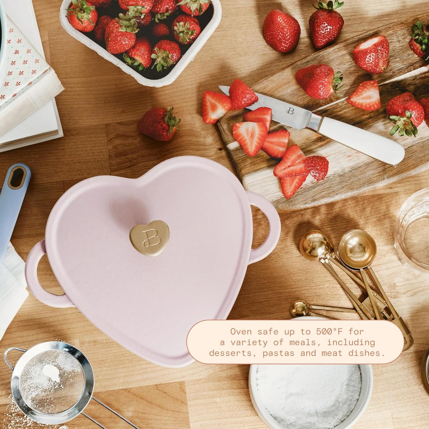 2QT Cast Iron Dutch Oven, Enameled Heart Shaped Casserole Dish with Lid, Oven Safe 500°F, Small Dutch Oven for Baking, Braising, Soups & Desserts (Pink Champagne)