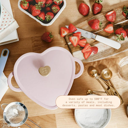 2QT Cast Iron Dutch Oven, Enameled Heart Shaped Casserole Dish with Lid, Oven Safe 500°F, Small Dutch Oven for Baking, Braising, Soups & Desserts (Pink Champagne)
