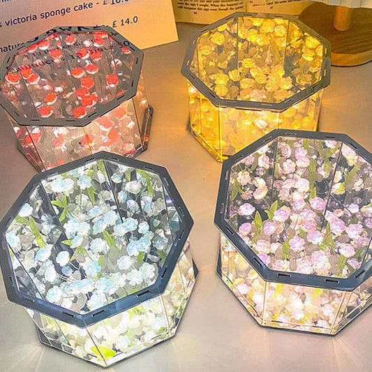 Drawelry DIY Rose Mirror Lamp, Handmade DIY Octagonal Rose Flower Night Light, Flower Sea Night Light Home Decor Christmas Birthday Gifts for Woman Mom (Pink)