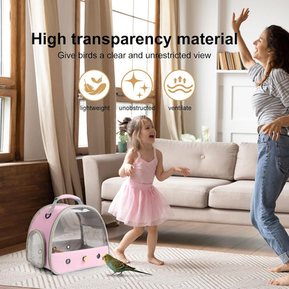 Bird Carrier, Portable Small Bird Parrot Parakeet Carrier with Standing Perch and Stainless Steel Tray, Side Access Window Collapsible (Pink, Clear Windows)
