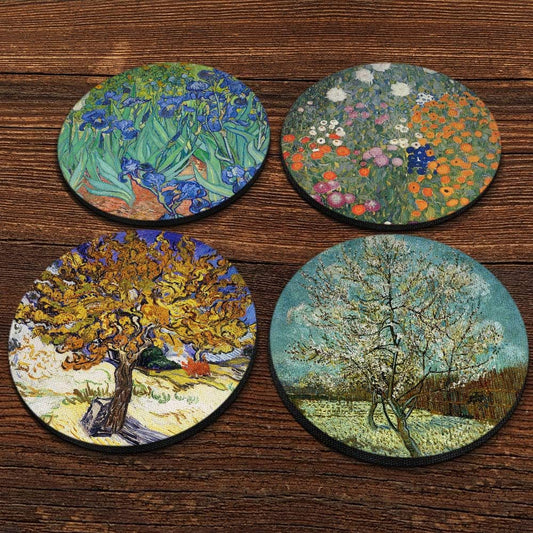 CARIBOU Coasters - Irises, Mulberry, The Pink Peach Tree by Vincent Van Gogh, Gustav Klimt Flower Garden Design Absorbent Round Fabric Felt Neoprene Coasters for Drinks, 4pcs Set