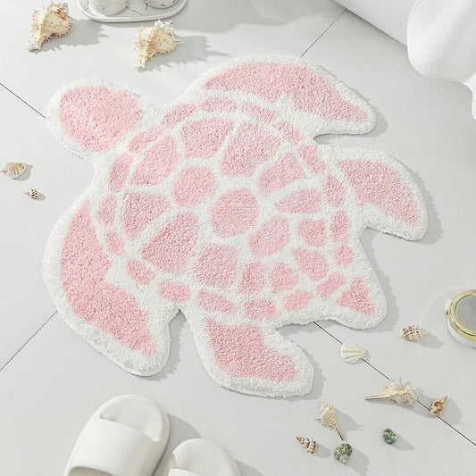 YRXRUS Turtle Bathroom Rugs, Ocean Decor Bath Mat Gifts, Light Pink Bathroom Rug, Cute Sea Turtle Shaped Bath Rug for Sring Summer Room Decor, Machine Washable & Non-Slip Bath Mat, 24x26 Inch