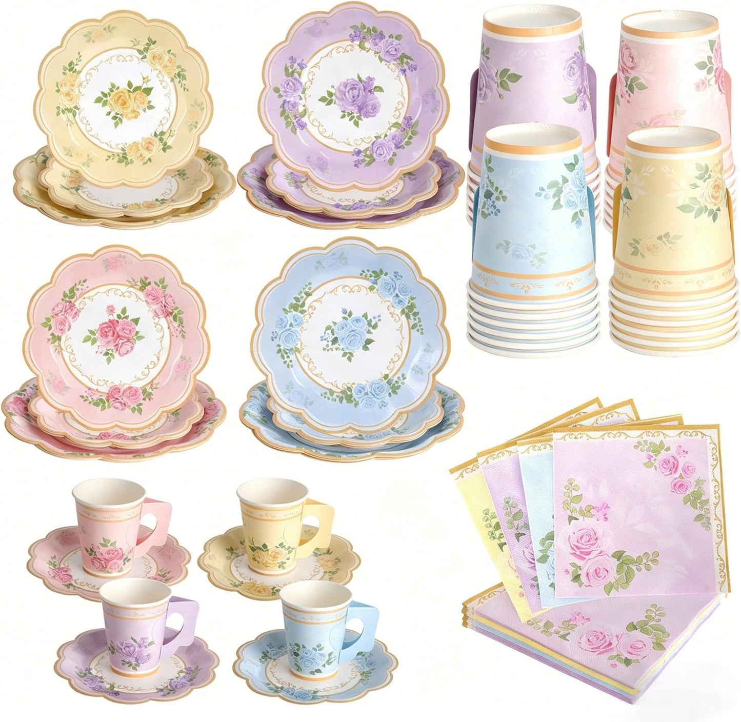 Floral Tea Party Supplies, 96 PCS Heavy-Duty Paper Plates with Handle Cups and Napkins, 7" Dessert 9" Dinner Plates, Leak-Proof Disposable Tableware for Bridal Shower Garden Party