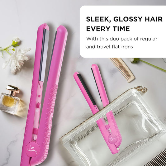 HerStyler Straightener Curling Iron Combo - Mini Flat Iron, Ceramic Hair Straightener and Curler Set - for All Hair Types - Dual Voltage - Travel Friendly - Pink