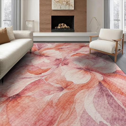 6'x9' Washable Cottage Floral Area Rug, Peach Foldable Non-Slip Large Carpet Foldable Easy Care Carpet for Queen Size Bedroom, Under Bed, Master Bedroom | Ref:2216358