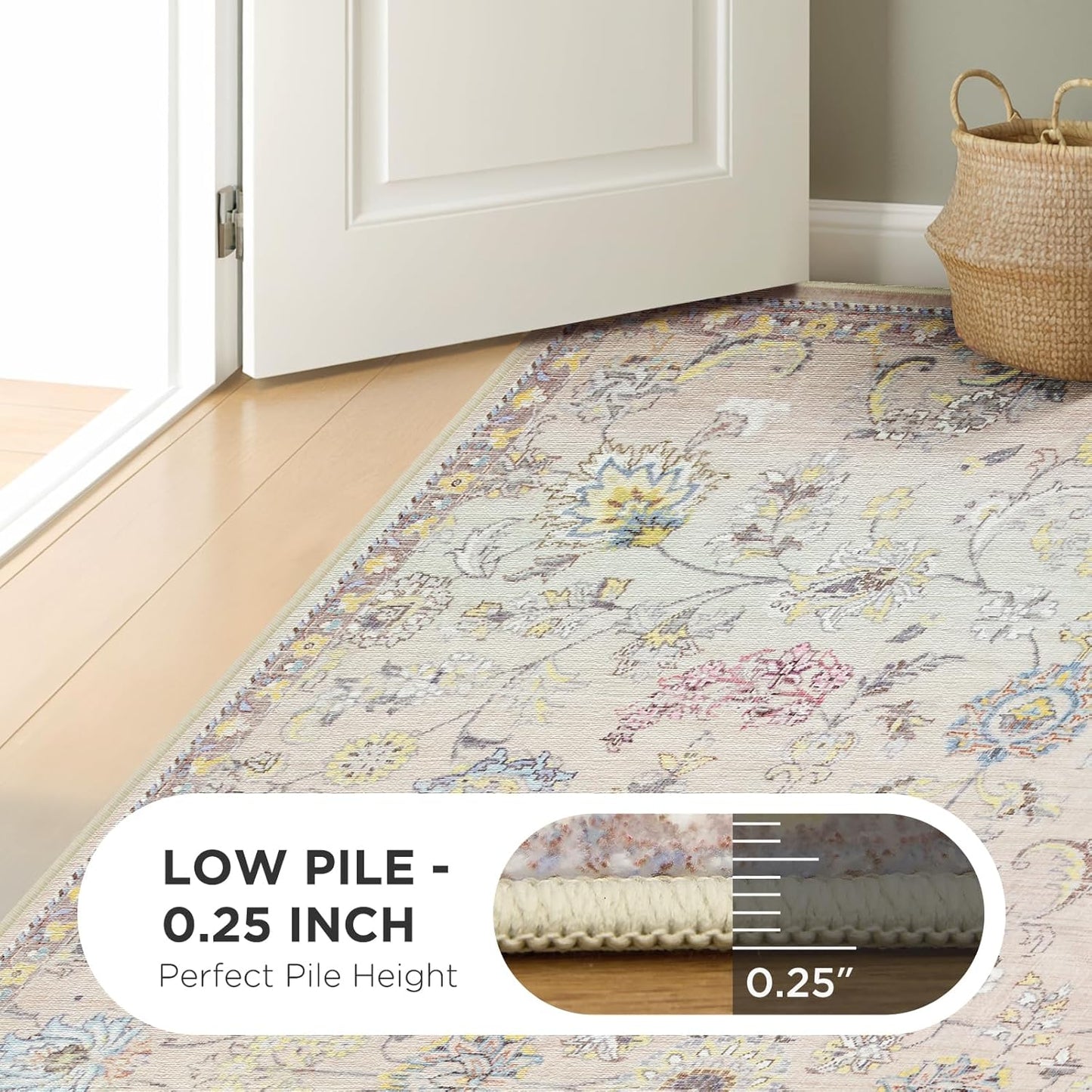 Joydeco Light Pink 5x7 Area Rugs for Bedroom Girls Nursery, Machine Washable Boho Rugs for Living Room Non Slip, Floral Soft Indoor Floor Carpet for Playroom Kids Room Dorm Classroom