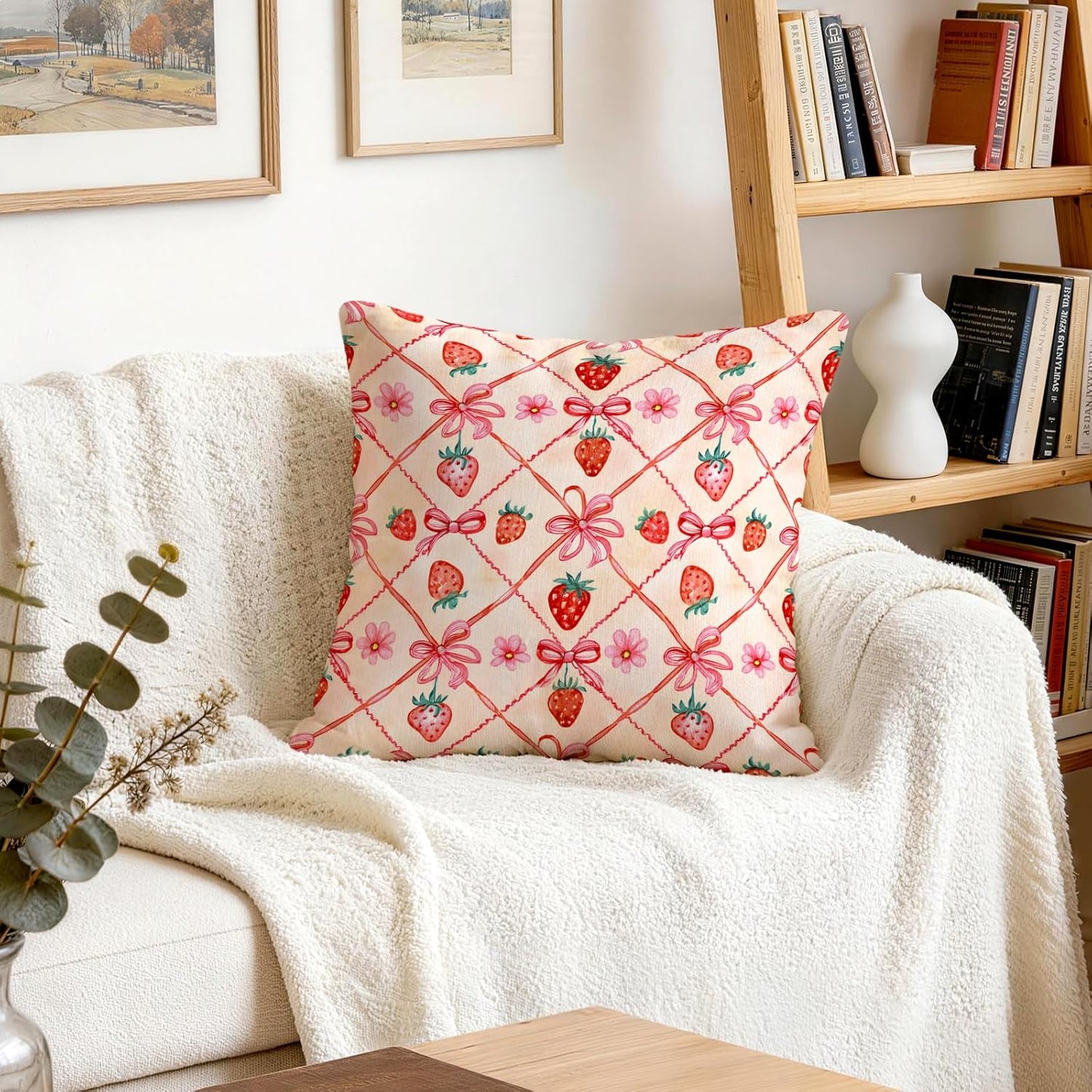 OBSEDE Pink Bow Strawberry Throw Pillow Covers 18 × 18 in, Set of 4, Couch Cushion Cases Inserts for Sofa Bed Living Room Home Decor, Single Side Print