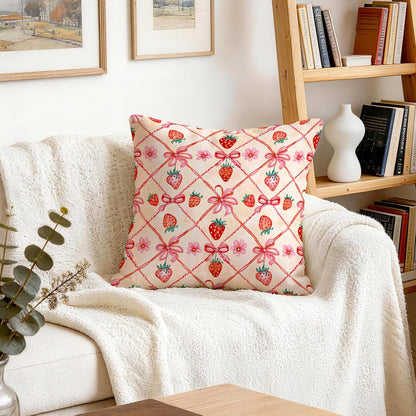 OBSEDE Pink Bow Strawberry Throw Pillow Covers 18 × 18 in, Set of 4, Couch Cushion Cases Inserts for Sofa Bed Living Room Home Decor, Single Side Print