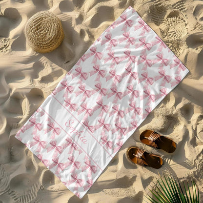 Preppy Pink Bow Beach Towel - Aesthetic Girly Microfiber Pool Towels 60x30 Inches for Bathroom Pool Gym Yoga, Gifts for Girls Lady