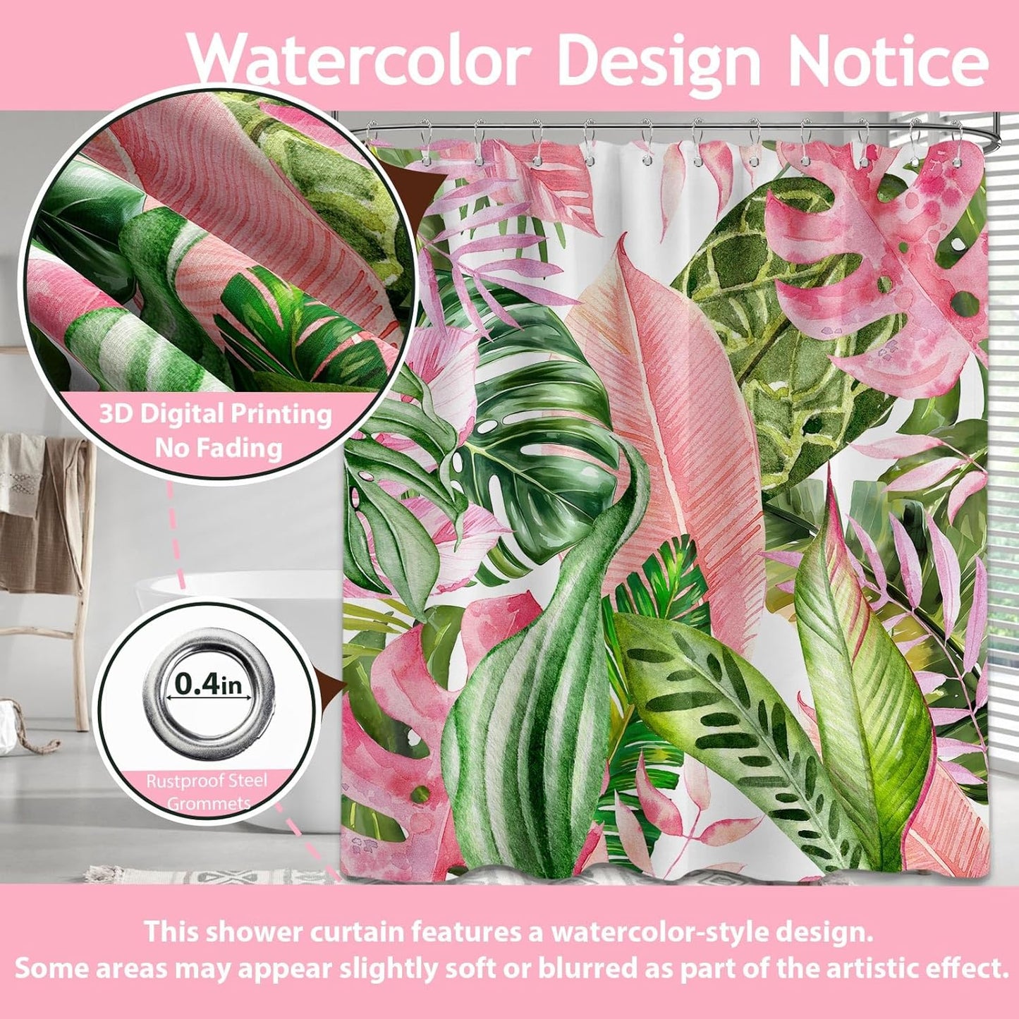Pink and Green Tropical Palm Leaf Shower Curtain Monstera Leaves Jungle Plant Shower Curtains for Bathroom Decor, Waterproof Cloth Fabric with Hooks 70 X 72 Inch