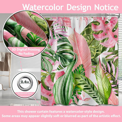Pink and Green Tropical Palm Leaf Shower Curtain Monstera Leaves Jungle Plant Shower Curtains for Bathroom Decor, Waterproof Cloth Fabric with Hooks 70 X 72 Inch