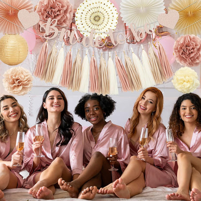 Whaline 22Pcs Boho Champagne Gold Pink Bachelorette Party Decoration Bride to Be Banner Hanging Lanterns Paper Fans Pom Poms Tassel Garlands for Wedding Bridal Shower Backdrop