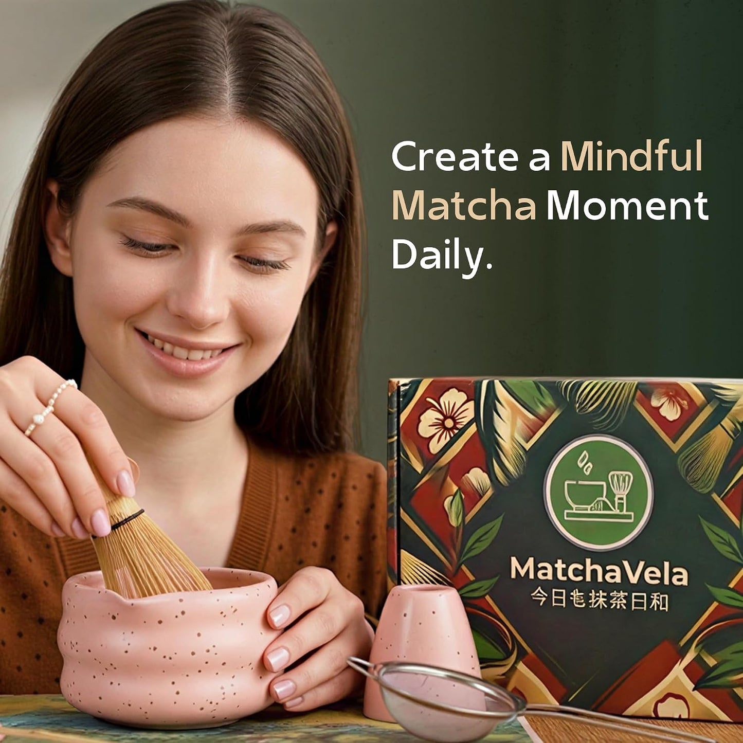 MatchaVela® Matcha Whisk Set - 5 Pcs | Complete Japanese Matcha Tea Making Kit | Ceramic Bowl & Whisk Holder, Bamboo Whisk & Scoop, Stainless Steel Sifter | Perfect Matcha Starter Kit Gift Set - Pink