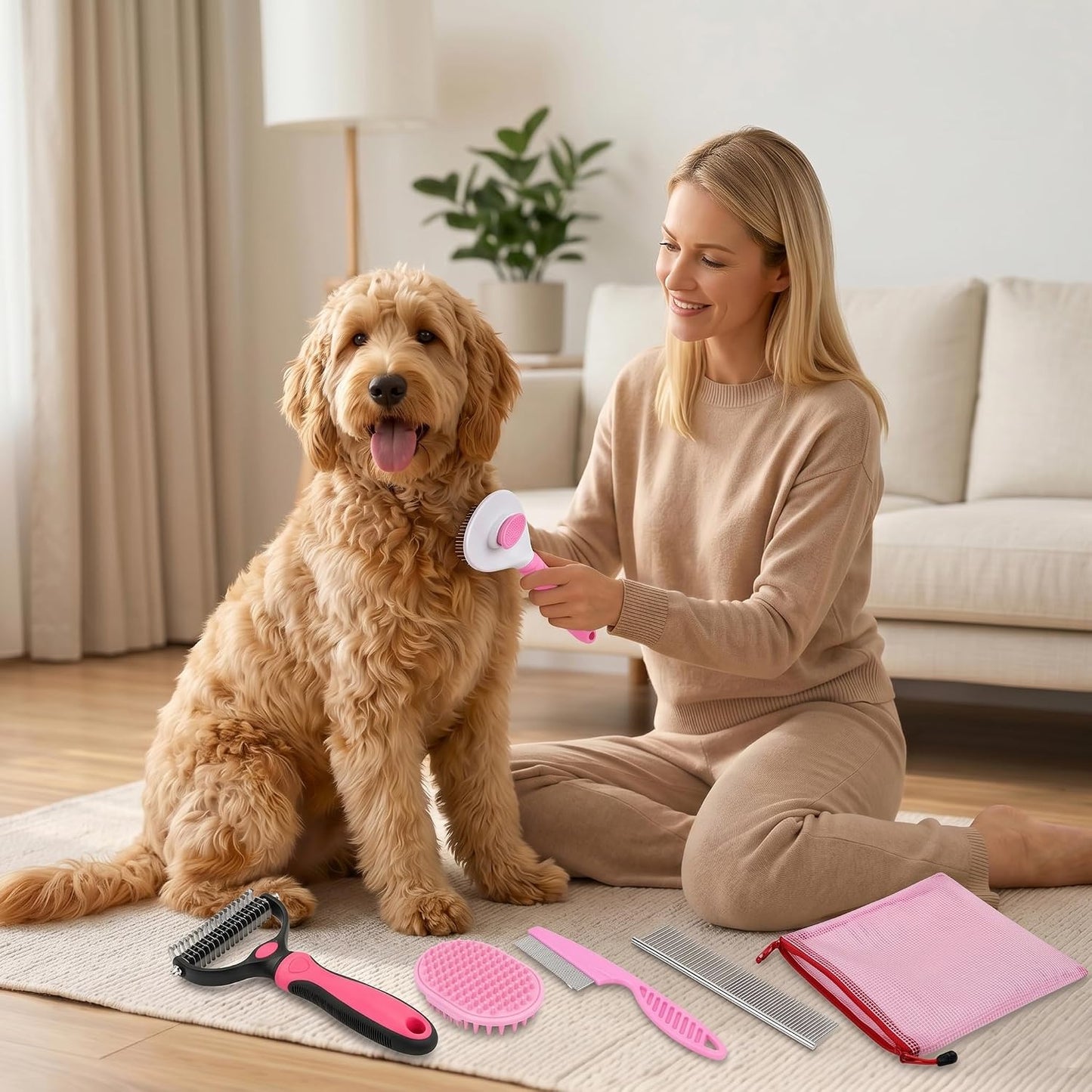 5PCS Dog Brush Grooming Kit with Self Cleaning Slicker Brush, Pink, | Deshedding Brush Kit for Dogs & Cats, Ideal for Short Long Hair, Daily Detangling & Home Bath Massage (5-in-1 Set)
