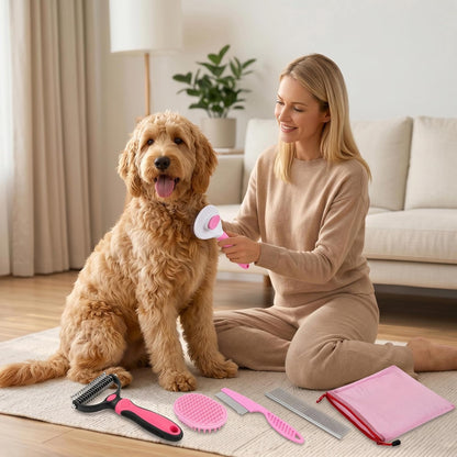 5PCS Dog Brush Grooming Kit with Self Cleaning Slicker Brush, Pink, | Deshedding Brush Kit for Dogs & Cats, Ideal for Short Long Hair, Daily Detangling & Home Bath Massage (5-in-1 Set)