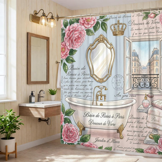 Bathtub Shower Curtain, Vintage Parisian Mirror Royal Spring Peach Polyester Waterproof Toile Cloth Shower Curtains for Home Bathroom Toile Hotel Decor 72x78 Inch